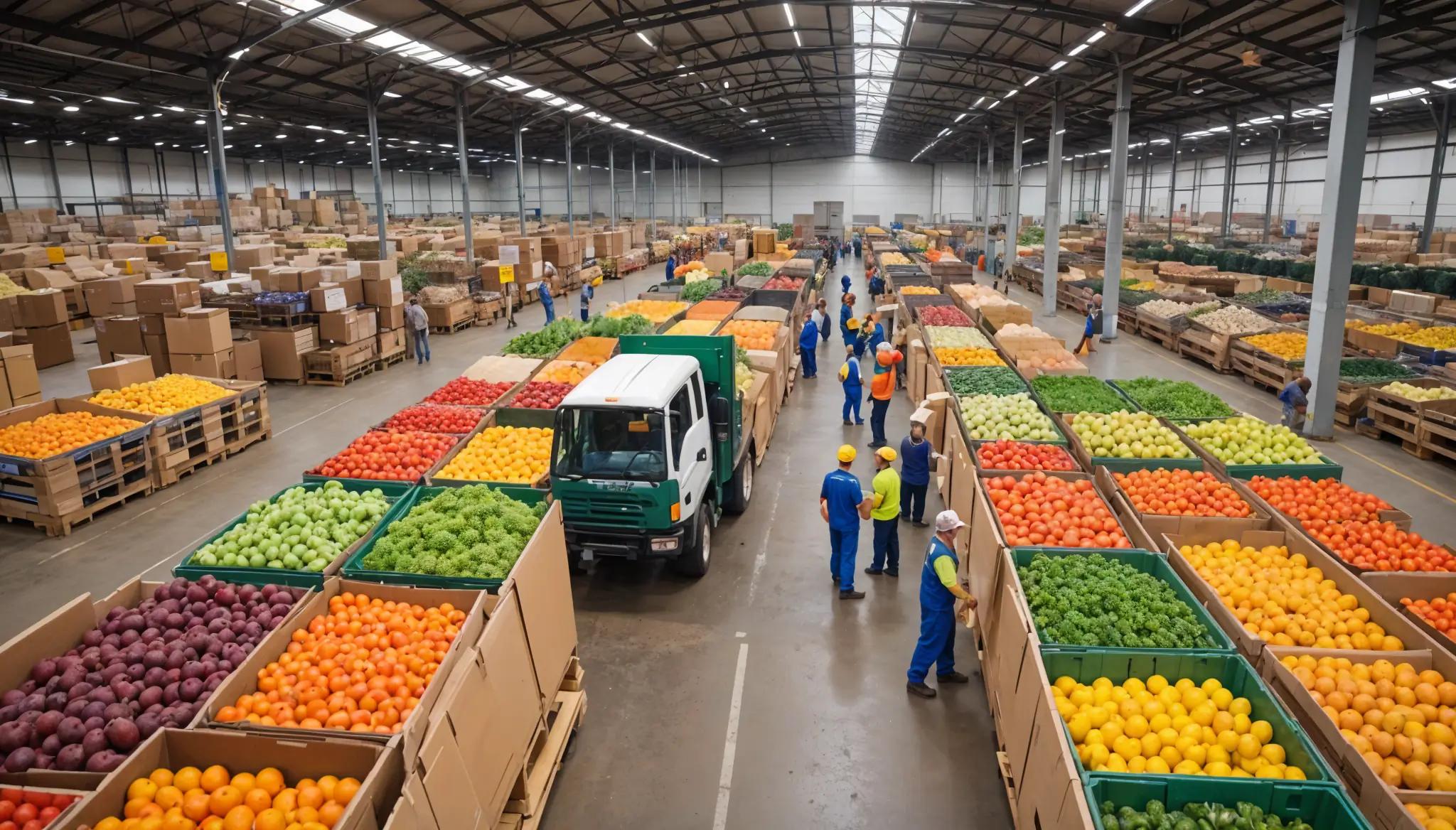 Marché de fruits et légumes frais en plein air avec des étals colorés, où des producteurs locaux vendent leurs produits